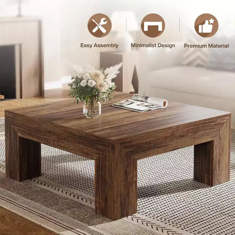 Table basse carrée Lantine de 99 cm pour salon, table basse d'appoint style ferme avec pieds en bois robustes, montage facile