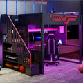 Full Gaming Loft Bed with Desk and LED Light, Wood Full Size Stairway High Loft Bed and Storage Staircase and USB, Red+Black