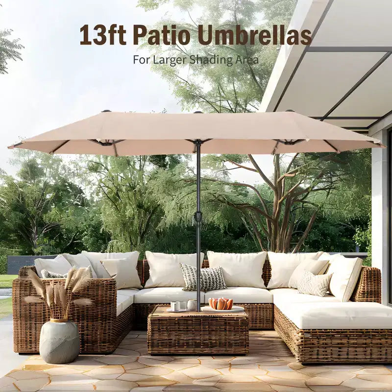 Captiva Designs 8pc Outdoor Patio Rectangle Steel Dining Table & Rattan Swivel Chairs & Beige Umbrella