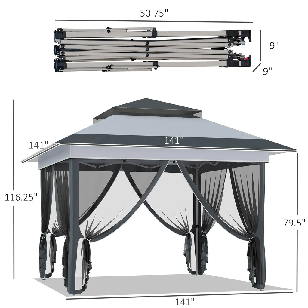 Outsunny 12 x 12 Pop Up Canopy Sun Shade Instant Tent Folding with Mesh Sidewall Netting, 3-Level Adjustable Height