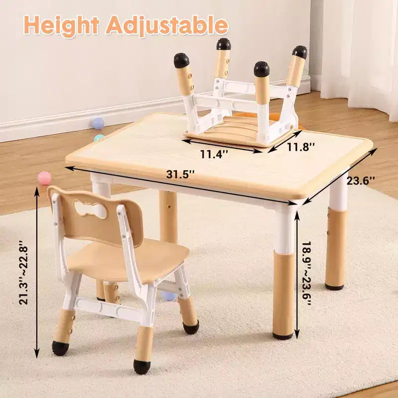Children's table and 4 chairs, height-adjustable, doodle tabletop, multifunctional children's table and chair set for reading, drawing, dining