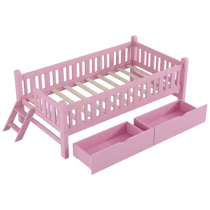 Whisen Twin Size Wood Platform Bed with Guardrail and 2 Drawers