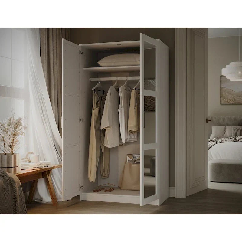 100% Solid Wood 2-Door Urban Wardrobe Armoire with Solid and Mirrored Doors