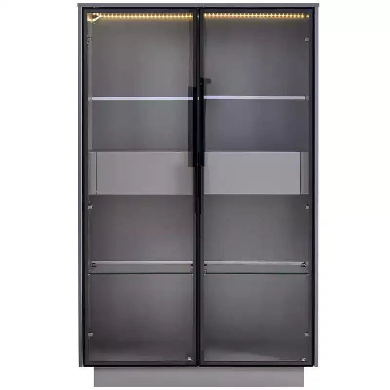 Lighted Display Cabinet LED Curio Cabinet Storage Cabinet with Tempered Glass Door, 2 Drawers, Adjustable Shelves, Modern Minimalist, Gray-ModernLuxe