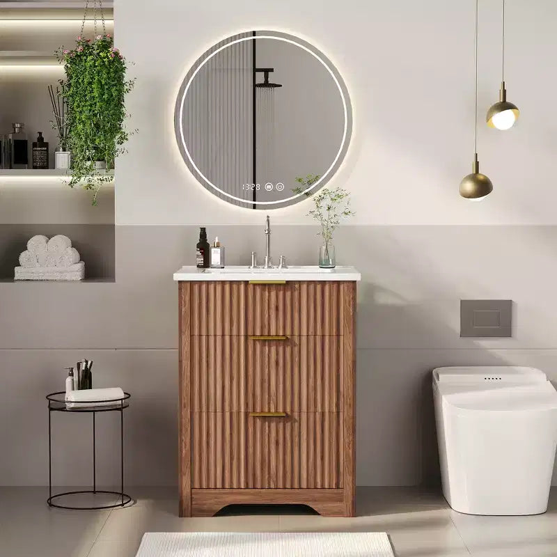 Modern Fluted Bathroom Vanity Set with Integrated Ceramic Basin Freestanding Bathroom Storage Vanity Cabinet with 3 Drawers for Contemporary Bathroom