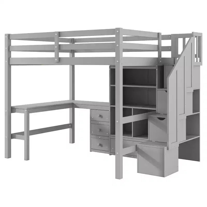 Clihome Full Size Loft Bed with L-Shaped Desk and Drawers, Cabinet and Storage Staircase
