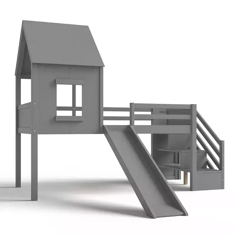 Letto a soppalco singolo con 3 cassetti e scala contenitore, struttura a casetta in legno con scivolo e scrivania rimovibile