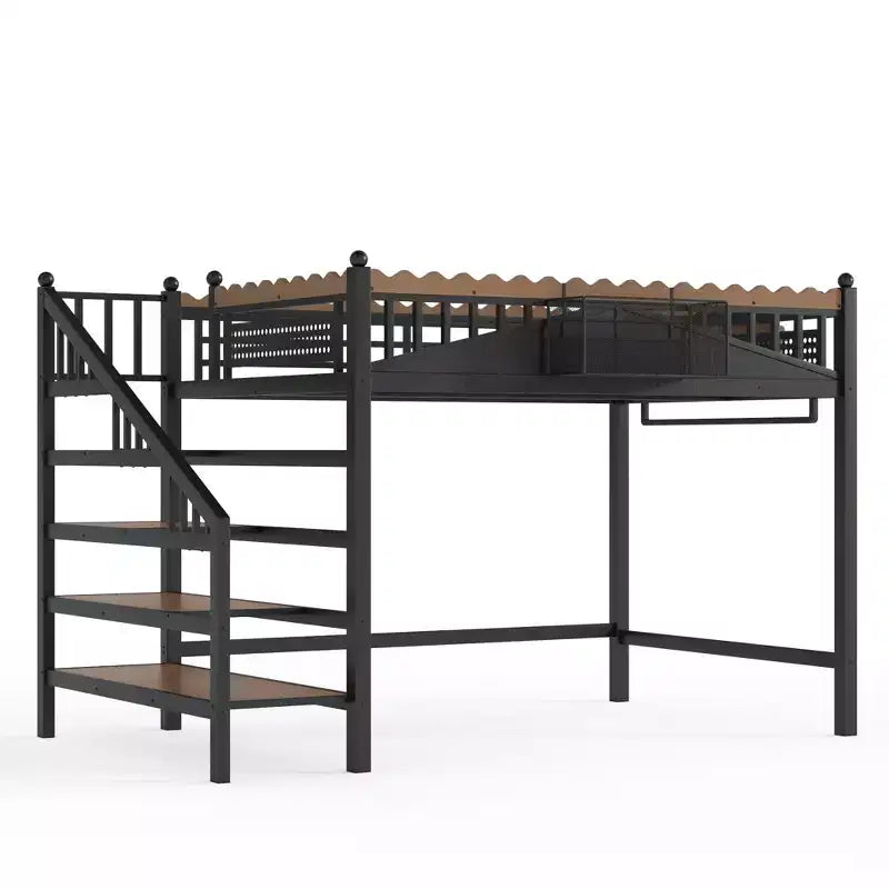 Lit mezzanine en métal ModernLuxe Twin XL/Full/Queen avec escaliers de rangement et étagères, cadre de lit mezzanine robuste, noir