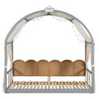 Solid Wood Playhouse Platform Bed Floor Montessori Bed Frame with Arched Roof and Trundle for Girls and Boys