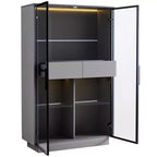 Lighted Display Cabinet LED Curio Cabinet Storage Cabinet with Tempered Glass Door, 2 Drawers, Adjustable Shelves, Modern Minimalist, Gray-ModernLuxe