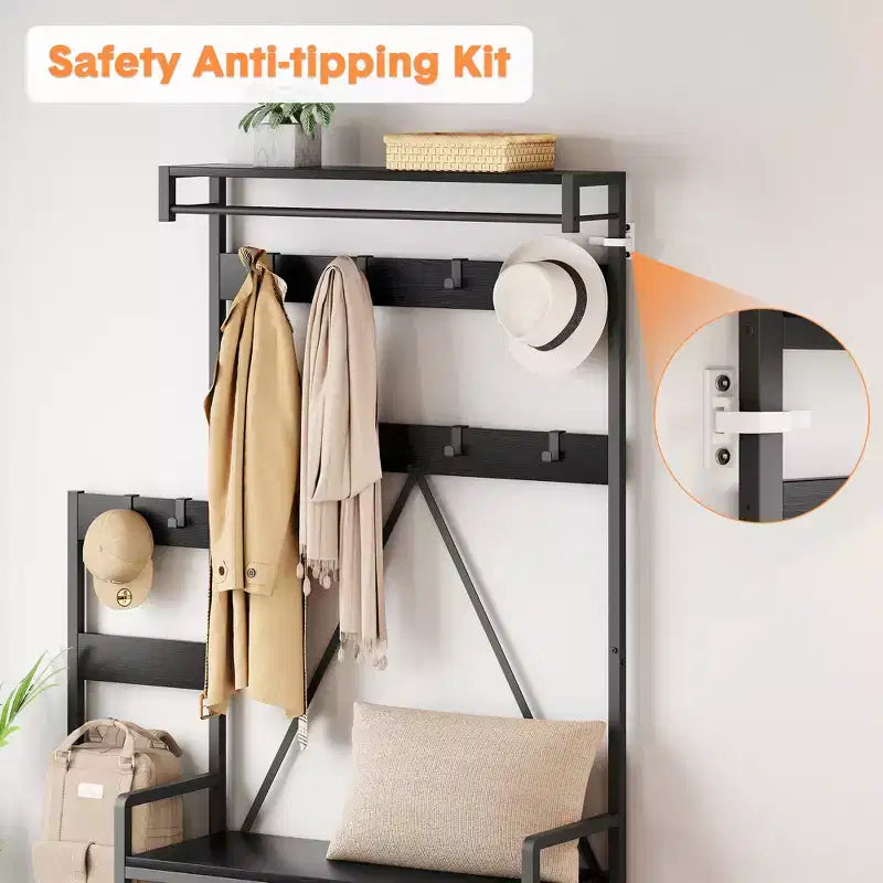 Entryway Shoe Storage Rack with Bench, Coat Rack Hall Tree with 7 Hooks and Storage Shelf, Entryway Coat Rack for Hallway Mudroom Bedroom