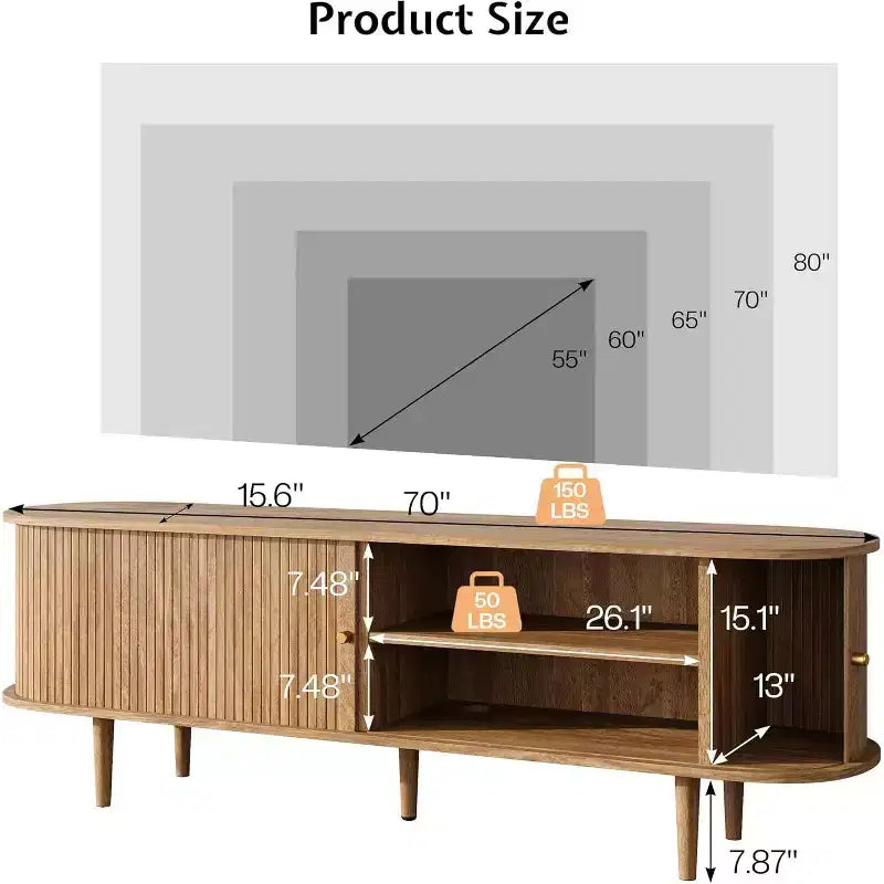 AMERLIFE 70 TV Stand with Solid Wood Legs, Mid Century Modern TV Console with Tambour Door