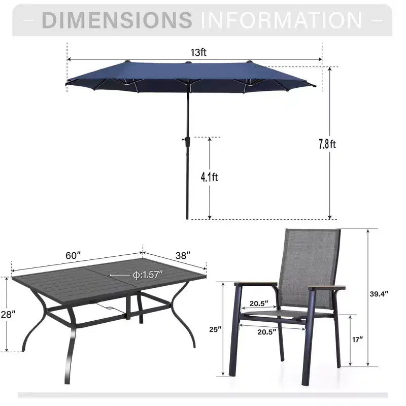 Captiva Designs 8pc Patio Dining Slat-top Steel Table & Aluminum Stackable Chairs & Market Umbrella