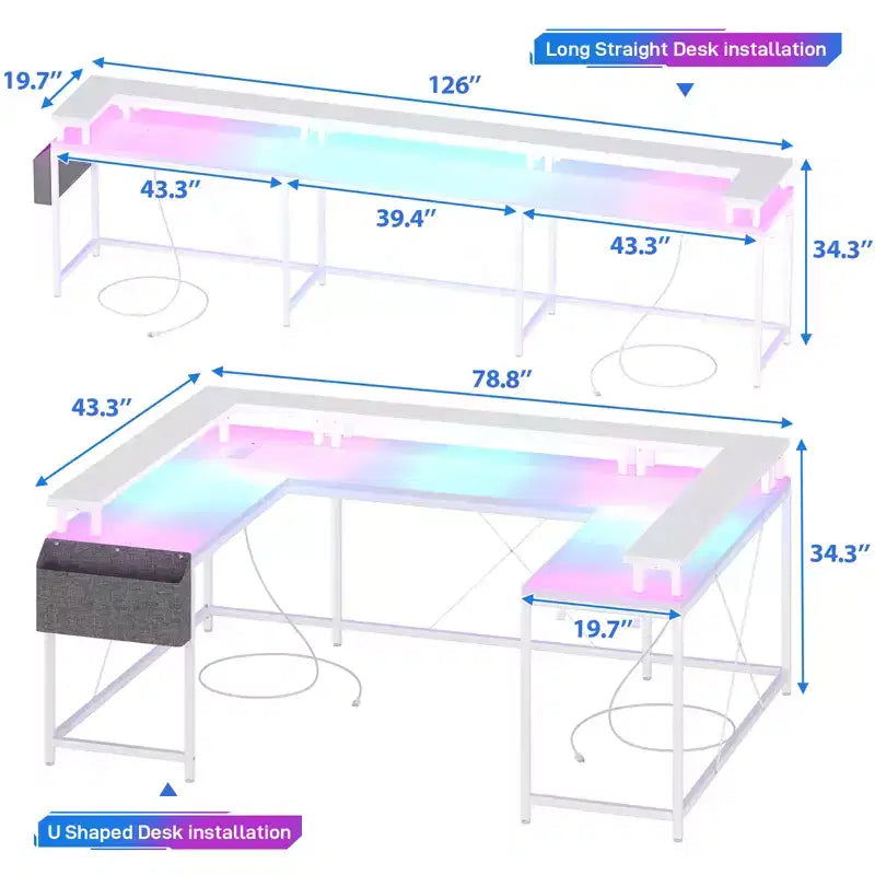 COZONY 78 U/L Shaped Gaming Desk, Reversible Computer Desk with Power Outlets, LED Lights, Monitor Stand & Storage Shelf, Corner Desk for Home Office