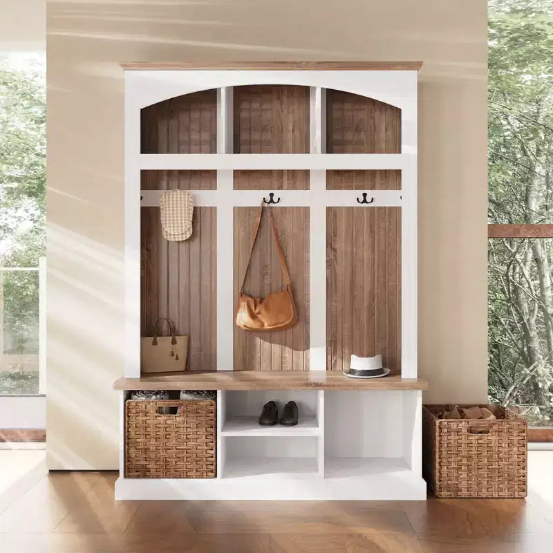 White and Oak Entryway Storage Bench with Hooks, Shelves, and 2 Woven Baskets Hall Tree