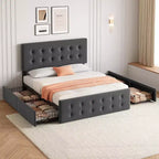 Storage Bed Frame with 4 Drawers & Adjustable Headboard - Upholstered Platform Bed