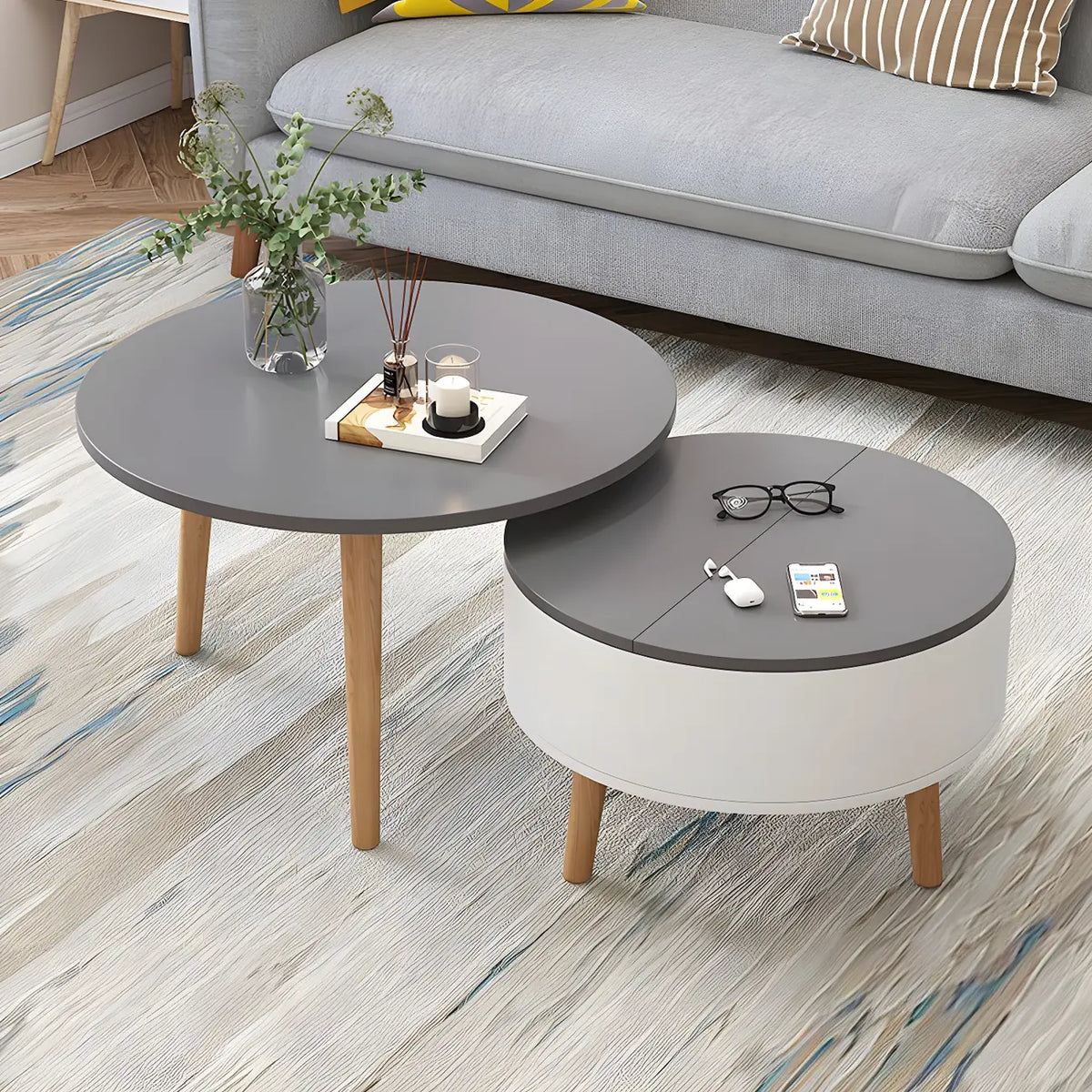 Black White Modern Round Wood Coffee Table with Storage