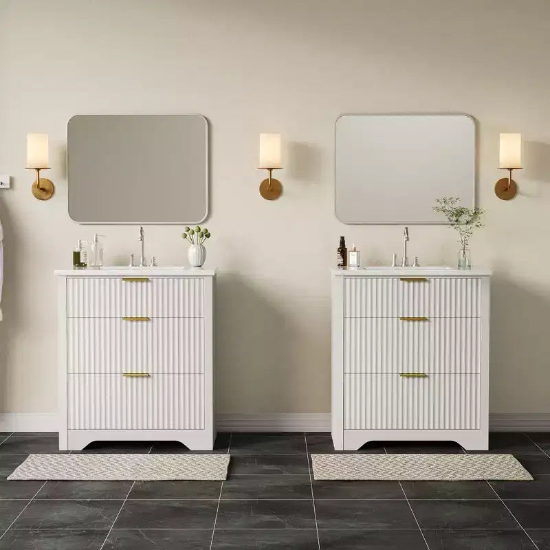 Modern Fluted Bathroom Vanity Set with Integrated Ceramic Basin Freestanding Bathroom Storage Vanity Cabinet with 3 Drawers for Contemporary Bathroom