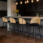 Bekrvio 26 Mid-Century Modern Swivel Bar Stools Set of 2/3/4, Boucle Upholstered Bar Chairs with Rattan Back & Metal Legs for Kitchen Counter