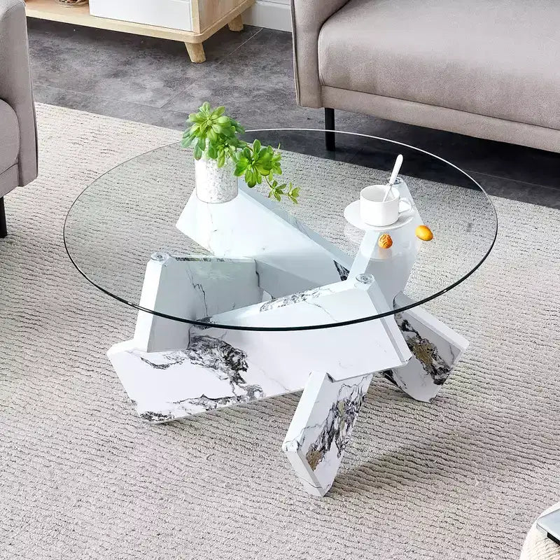 Okak Modern Circular Glass Coffee Table, Small Distinctive Design Tea Table Wood Legs for Living Room Reception Office Farmhouses