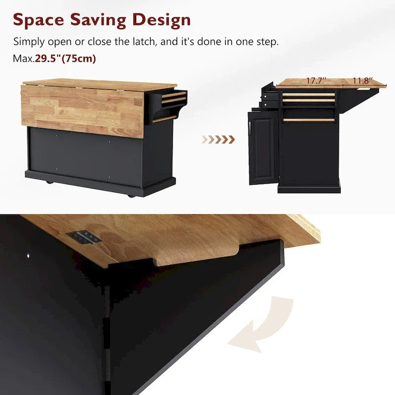 54  Large Kitchen Island with Rubber Wood Drop Leaf, Embossed Texture Rolling Kitchen Cart on 4 Wheels with 4 Doors & 3 Drawers