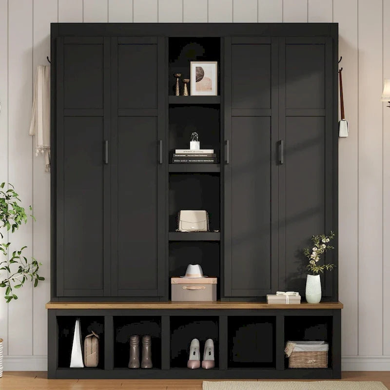 Black / White / Blue Farmhouse Hall Tree with Shoe Cabinet, Bench, Hooks and Open Shelves for 1窶・ Person