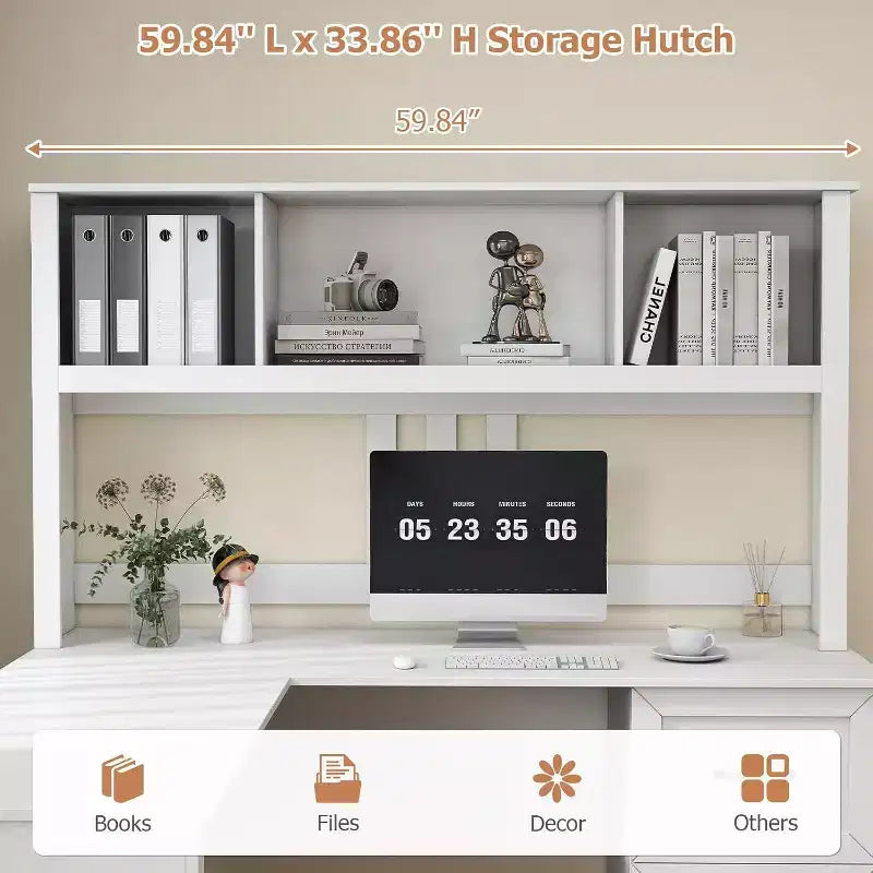 Zevemomo 60 L Shaped Desk with Hutch and Drawers, Corner Computer Desk with Open Storage Shelves,for Home Office or Bedroom, Modern white