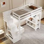 Full/Twin Loft Bed with Storage Stairs - Shelves, Wardrobe & LED Light, Space-Saving Design