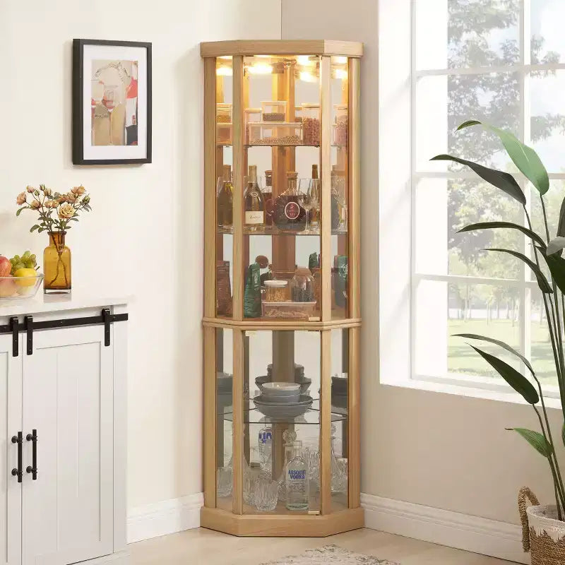 Corner Curio Cabinet with Glass Doors and Shelves, Corner Display Case for Living Room