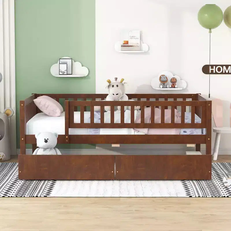 Twin Size Low Daybed with Storage Drawers, Wood Twin Platform Bed Frame with Rails for Boys and Girls Bedroom