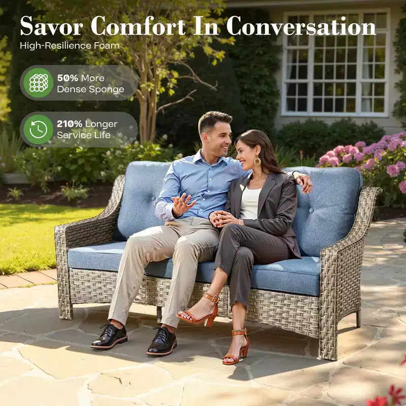 HOMLUX 6 PCS Patio Wicker Conversation Set 3-Seat Sofa with Cushion, Rattan Chairs, Ottomans, Coffee Table