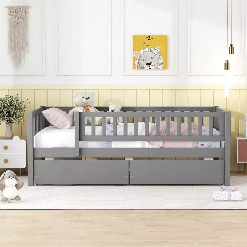 Twin Size Low Daybed with Storage Drawers, Wood Twin Platform Bed Frame with Rails for Boys and Girls Bedroom