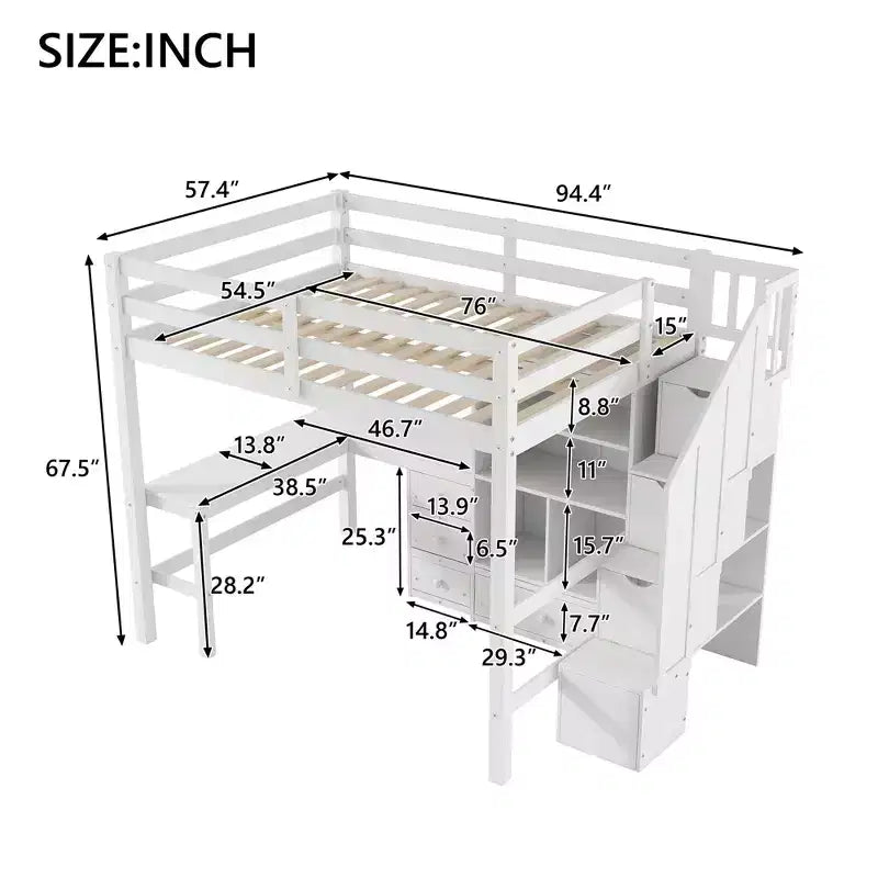 Clihome Full Size Loft Bed with L-Shaped Desk and Drawers, Cabinet and Storage Staircase