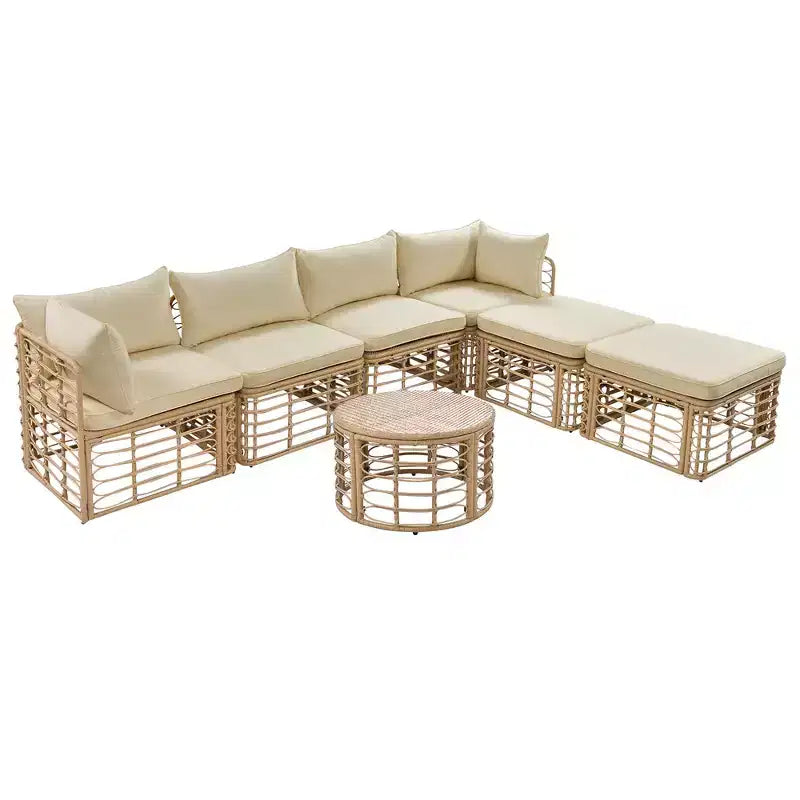 Whisen Weather-Resistant Rattan Outdoor Sectional Sofa Set Patio Couch Set with Thick Cushions and Pillows, Freely Combined Conversation Sets