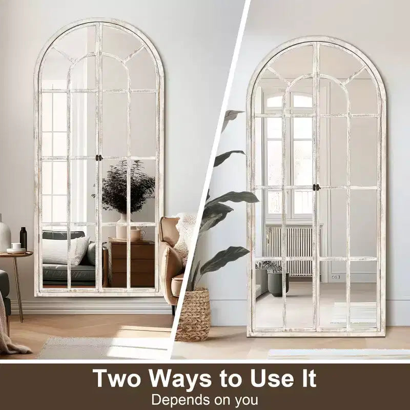 Full-Length Wall Mirror, Solid Wood Grid Arch Design, Openable, No Stand