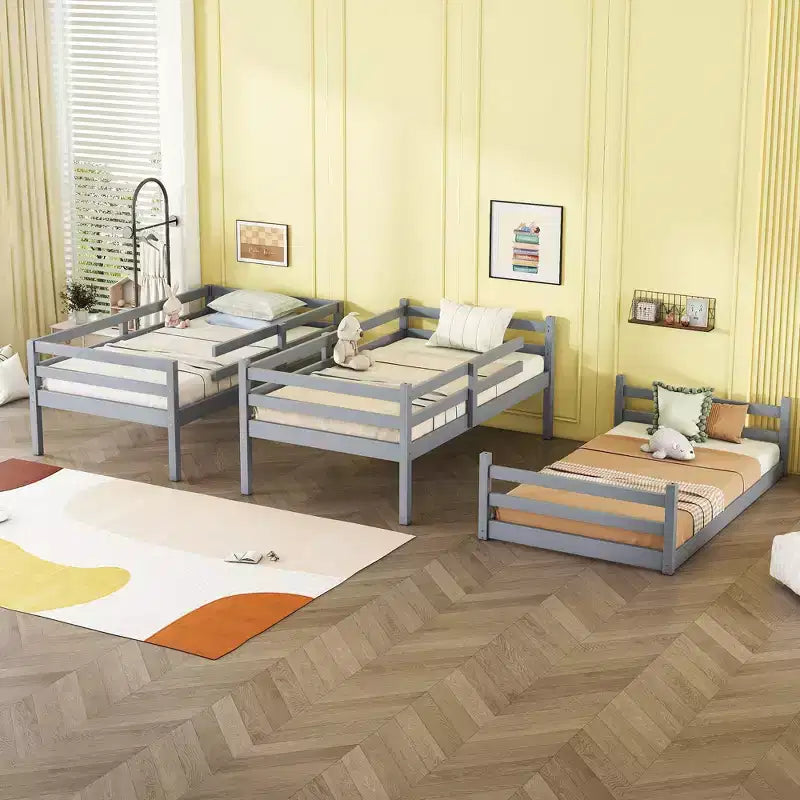 Rubberwood Detachable Triple Twin Bunk Bed with 2 Built-in Ladders and Guardrails