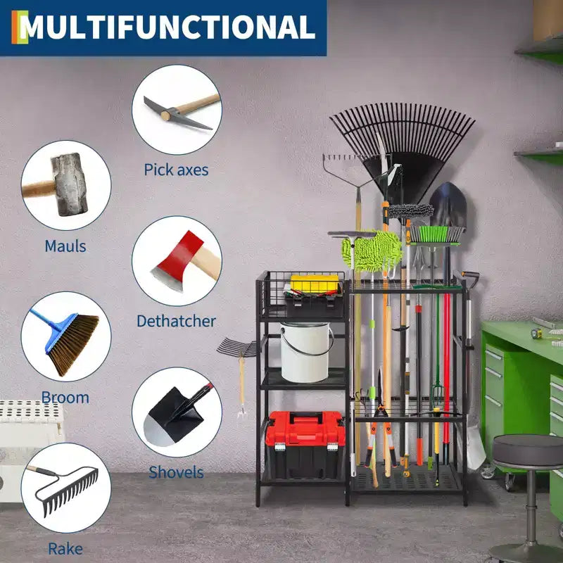Organisateur d'outils de jardin, support de rangement à 3 niveaux pour outils de jardinage, pour jusqu'à 35 outils à long manche, support d'outils de jardin autonome pour abri de jardin