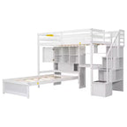 Wood Twin Size Bunk Bed with Desk and Staircase, L-Shaped Twin over Twin Loft Bed with Storage Compartments and Shelves