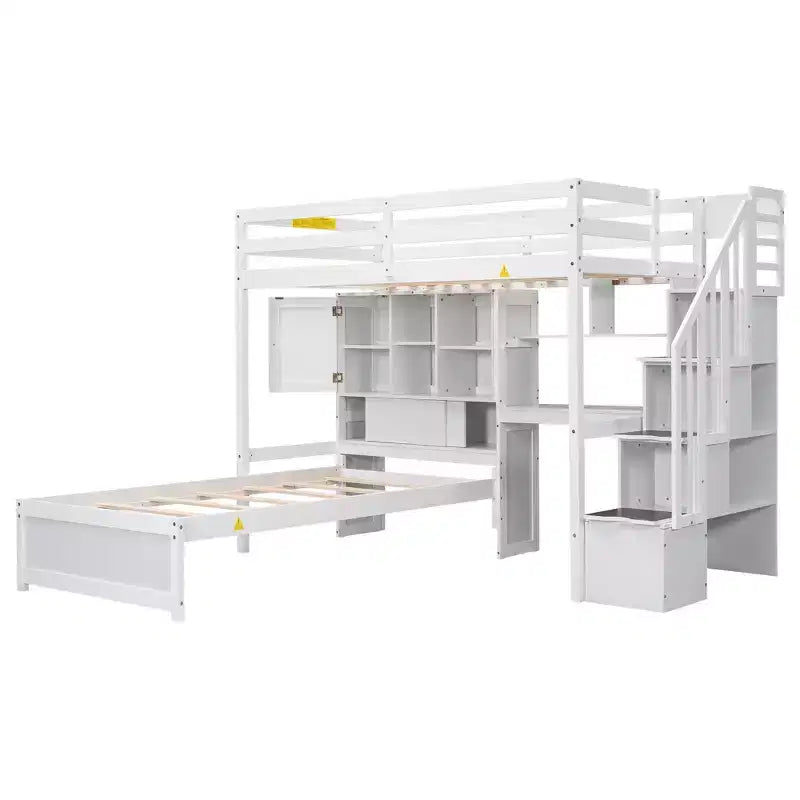 Wood Twin Size Bunk Bed with Desk and Staircase, L-Shaped Twin over Twin Loft Bed with Storage Compartments and Shelves