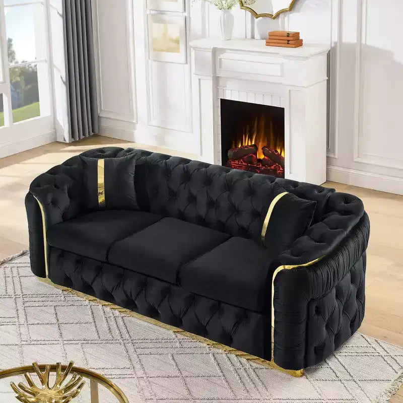 Luxurious 90.6 Inch Velvet Chesterfield Sofa with Button Tufting, Gold Accents, and 2 Pillows - Premium 280g Italian Velvet for Elegant Living Rooms