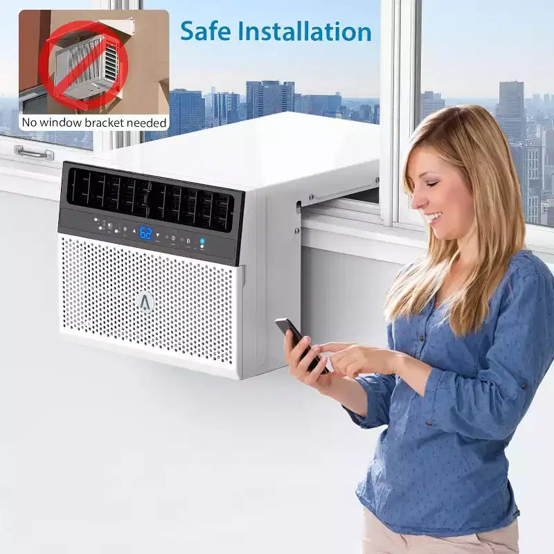 Climatiseur de fenêtre, unité de climatisation de fenêtre avec filtre lavable, compatible Wi-Fi avec télécommande, refroidit jusqu'à 32,5 mètres carrés, 6 modes, 115V/60Hz