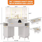 47 Corner Makeup Vanity Desk with Mirror and Light, Wooden Dressing Table with Glass Top & Charging Station, Makeup Vanity Table for Bedroom