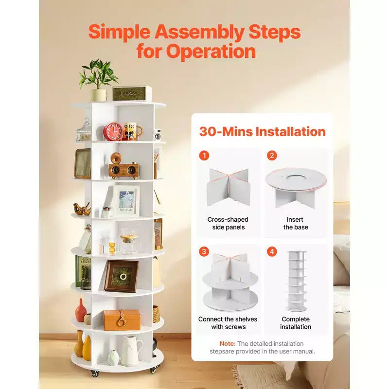 VEVOR 7 Tiers Rotating Shoe Rack Tower with Wheels, Movable 360 Spinning Carousel Display, Lazy Susan Organizer Closet Shelf, White