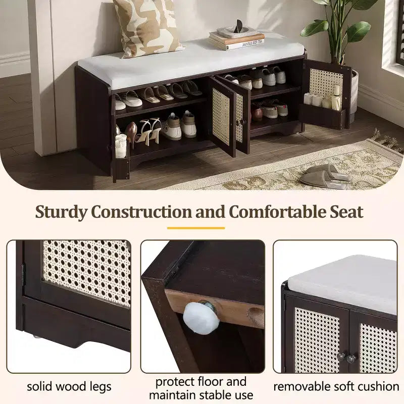 Whisen Rustic Wood Storage Bench, Entryway Shoe Bench with Removable Cushion, Adjustable Shelves