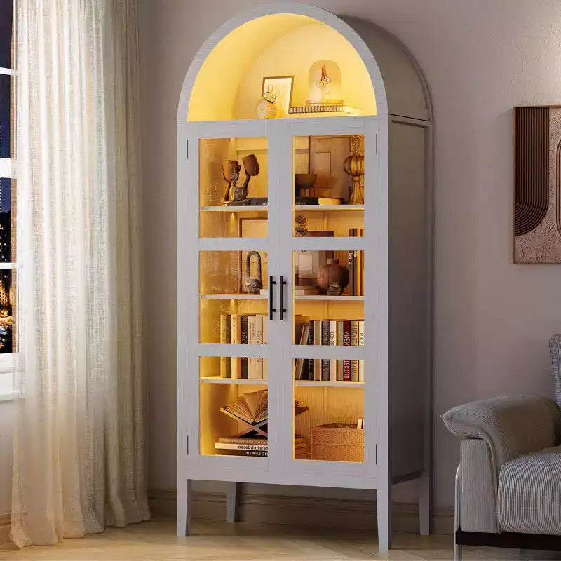 Storage Cabinet, Black/White, Arched Style, Single, 71 Tall with LED Lights & Glass Doors