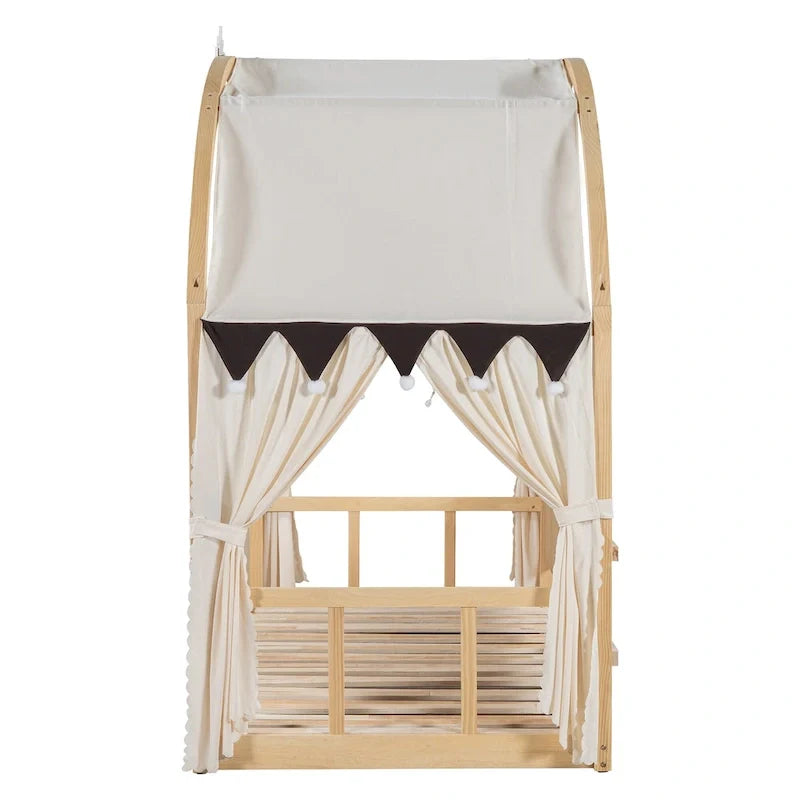 Solid Wood Playhouse Platform Bed Floor Montessori Bed Frame with Arched Roof and Trundle for Girls and Boys