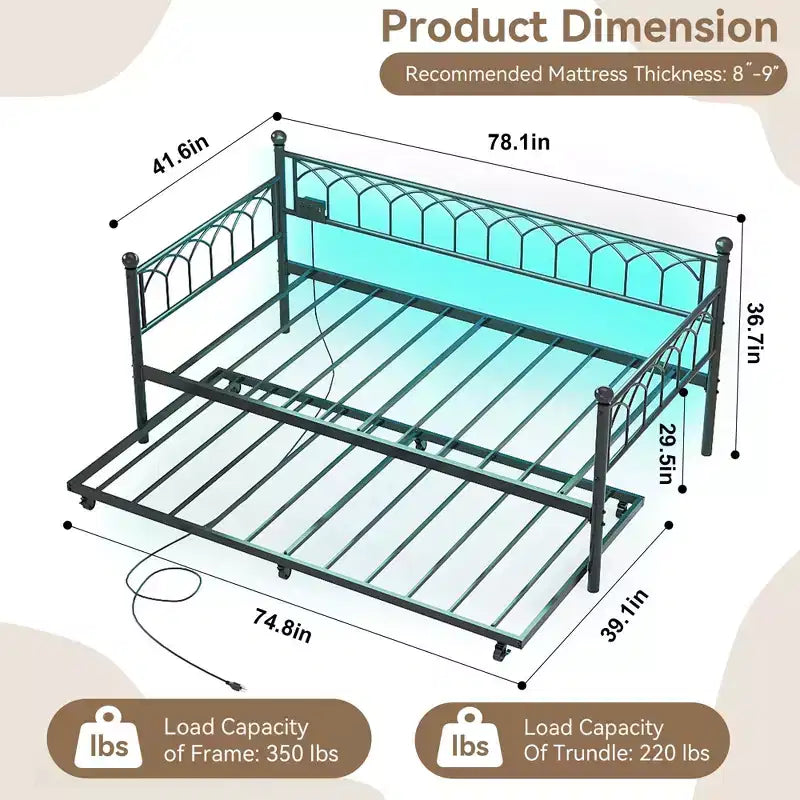 Twin Daybed with Trundle,with Charging Station & LED Lights,Metal Sofa Bed Frame with Pull Out Trundle for Living Room,Bedroom,Guest Room,Apartment
