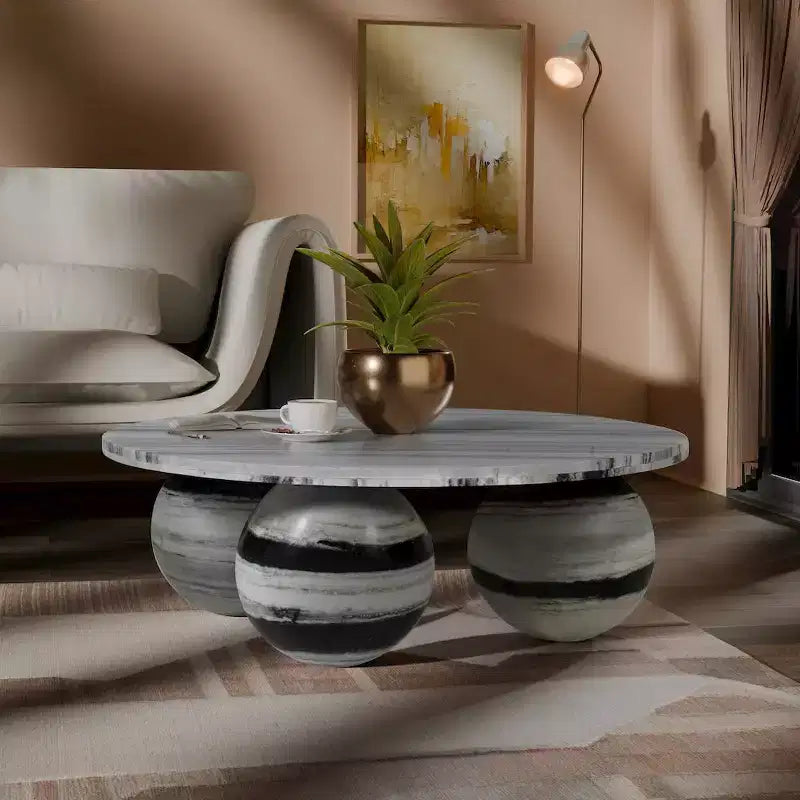 Round Marble Coffee Table with Sphere Legs, Multicolor, Seats 4–6