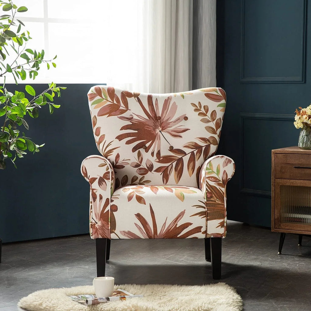 Erommy Modern Accent Chair, High Back Armchair, Upholstered Fabric Button Single Sofa with Wooden Legs for Living Room