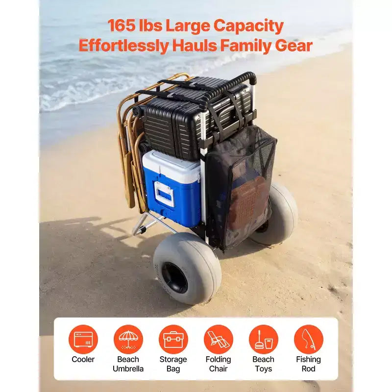 VEVOR Beach Dolly with Big Wheels for Sand, 20 x 15 Cargo Deck, Folding Sand Cart with 12 Balloon Wheels, 165 lbs Loading Capacity, Silver+Black